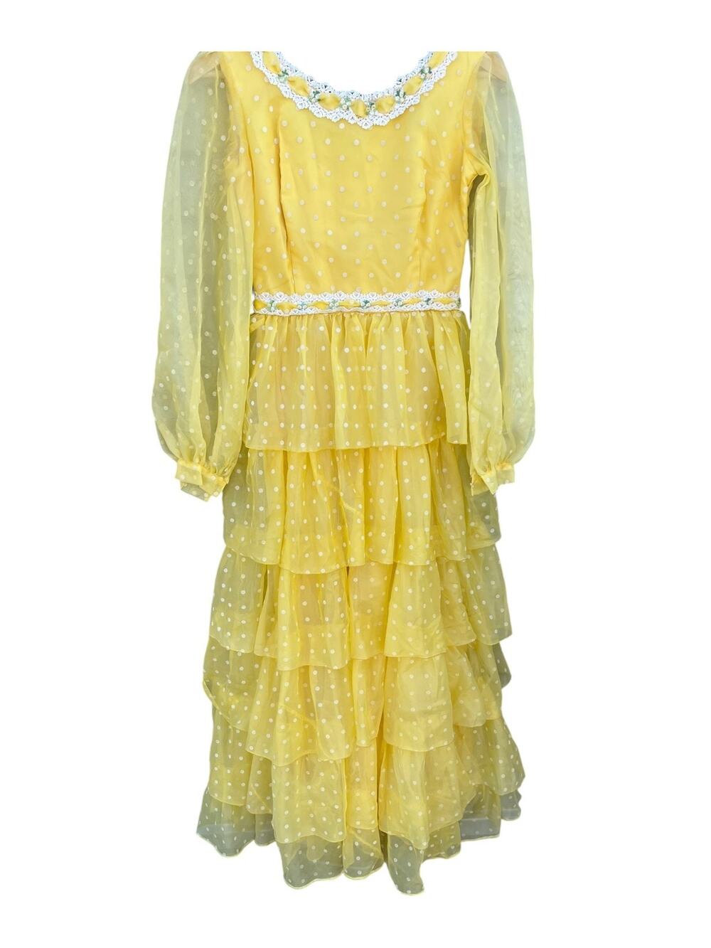 Sylvia Ann Yellow Polka Dot Dress Chiffon Maxi Ruffle Southern Belle Cottagecore